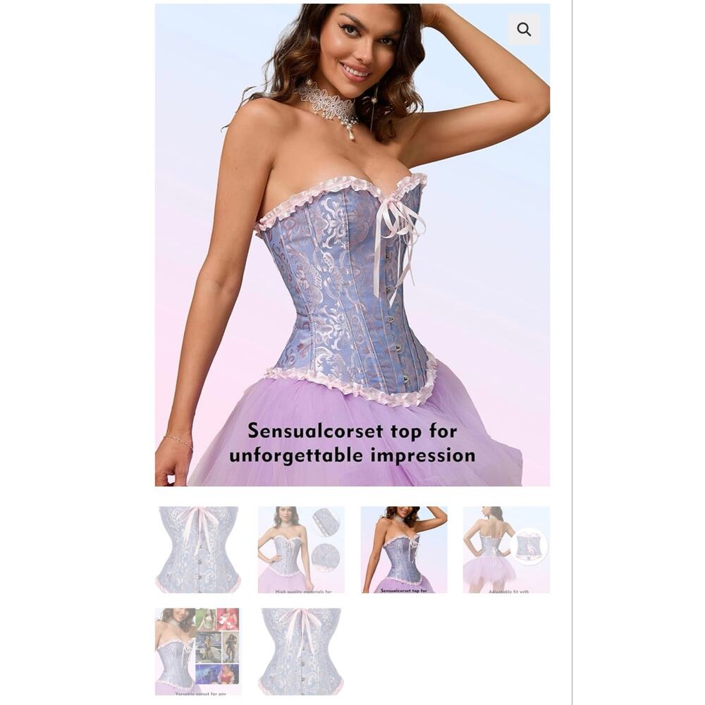 Overbust Corset Blue & Pink Iridescent Brocade Ren Faire Cosplay Size Large - Picture 3 of 7
